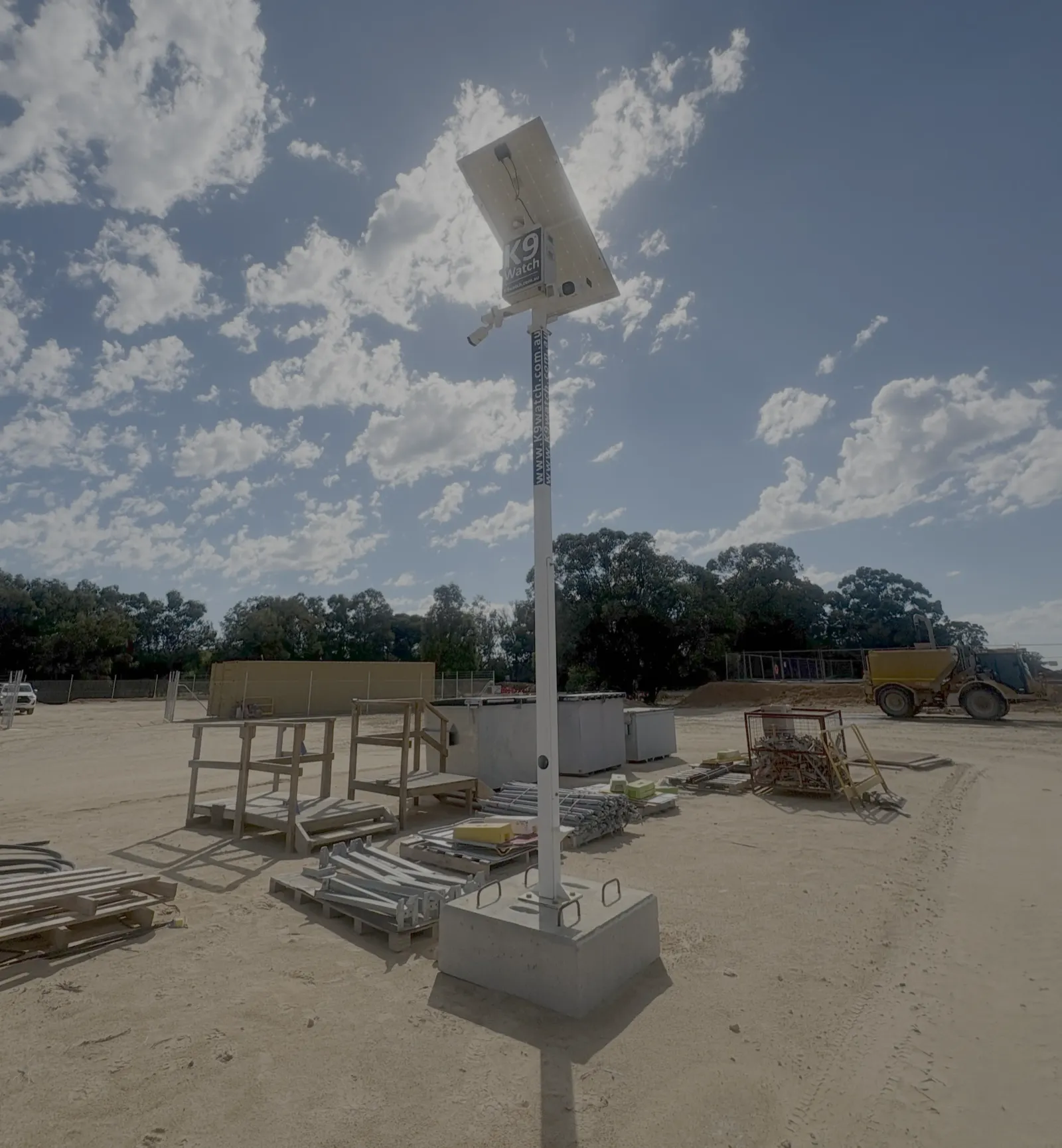 K9Watch mobile CCTV tower with concrete ballast base on a sand laydown area in Perth